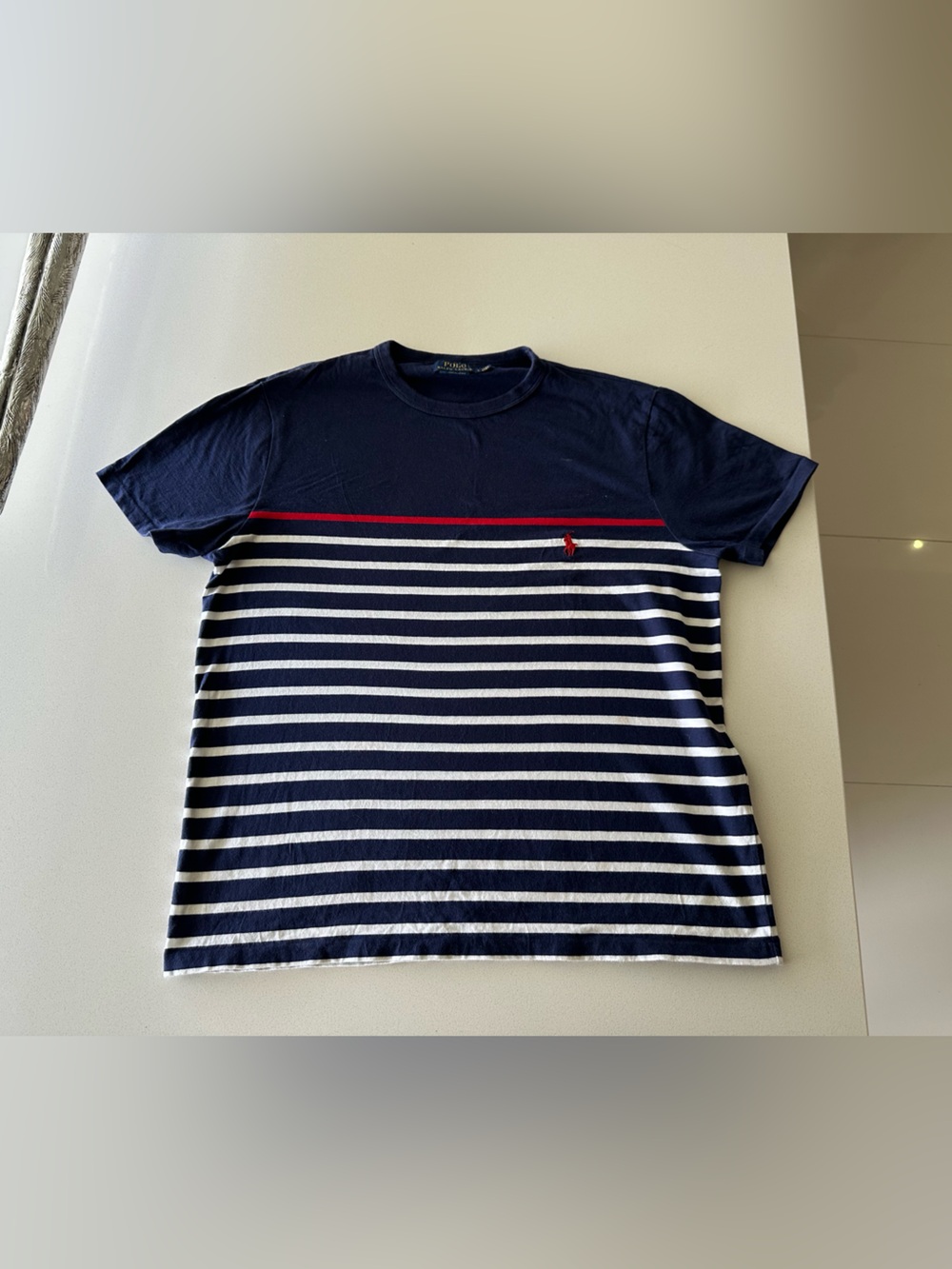 Ralph Lauren Navy, White & Red Striped Crew Neck Tee